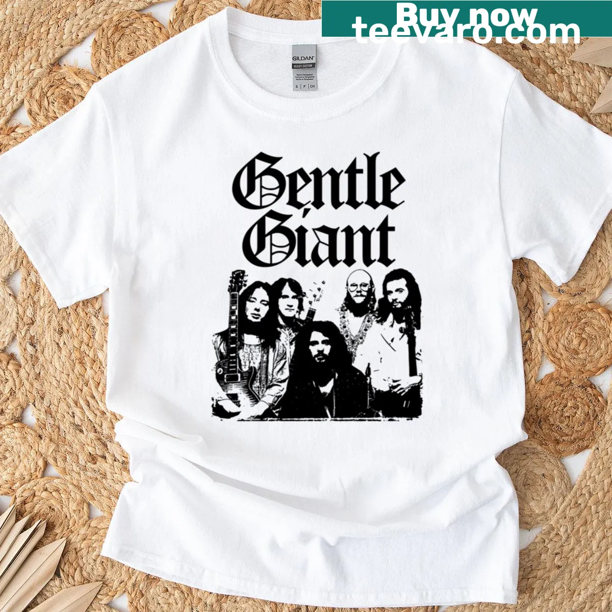 Gentles Giants band t-shirt with artistic graphic design — on a men's t-shirt