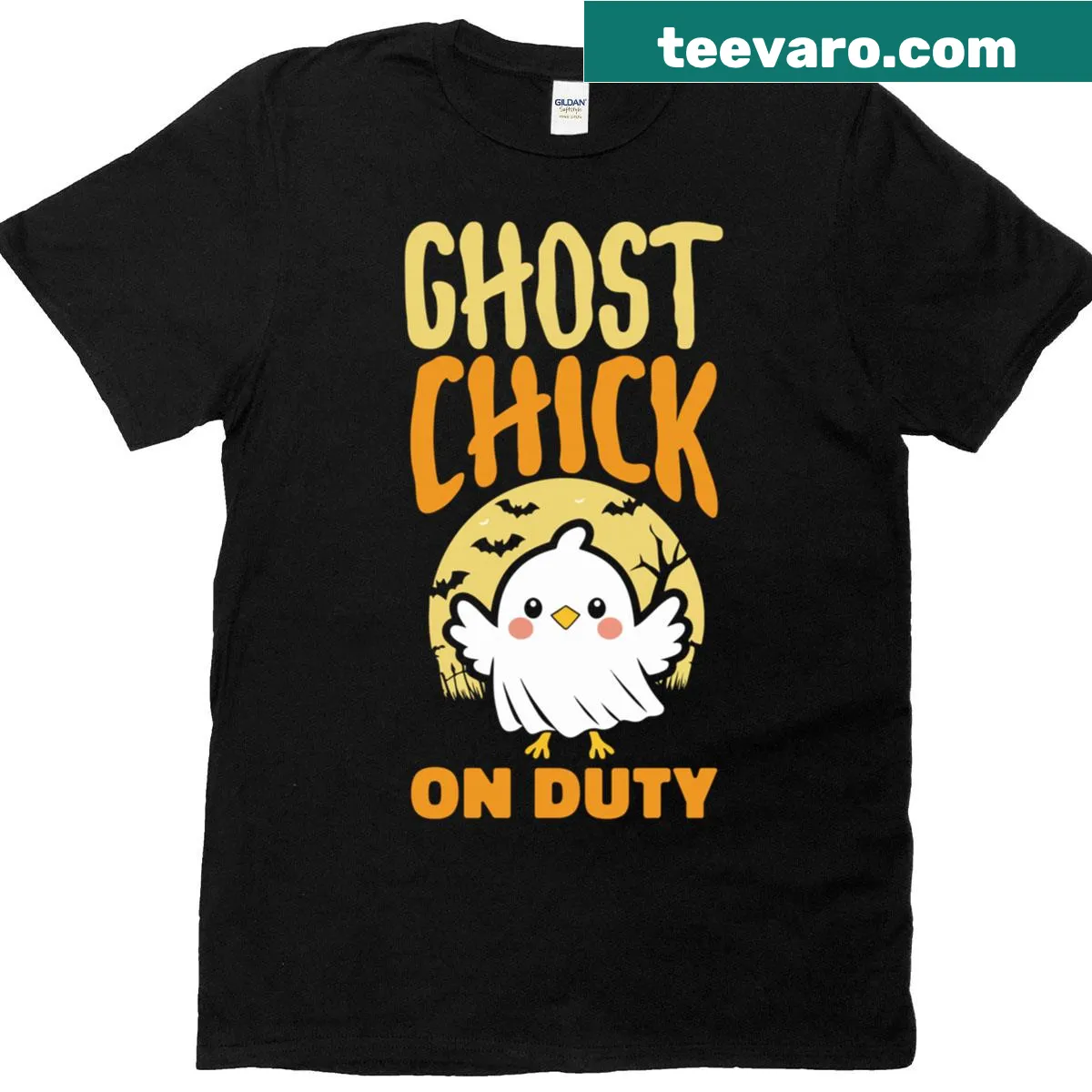 Funny Halloween shirt with cartoon ghost chick design — on a men's t-shirt