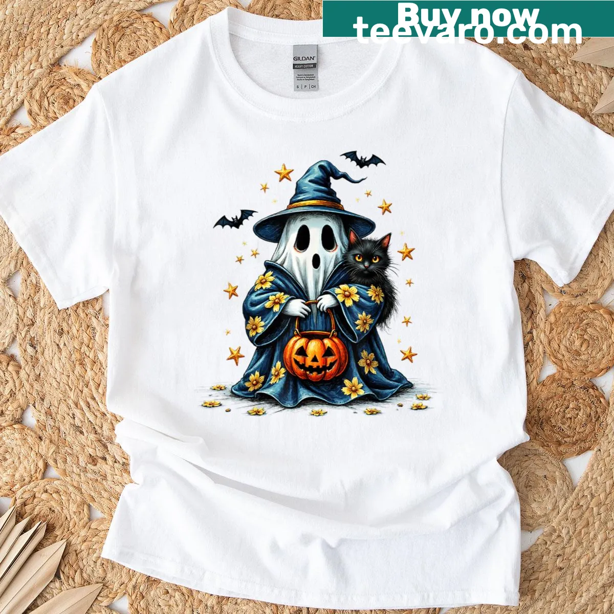 Ghost with black cat and floral elements in a Halloween design — on a men's t-shirt