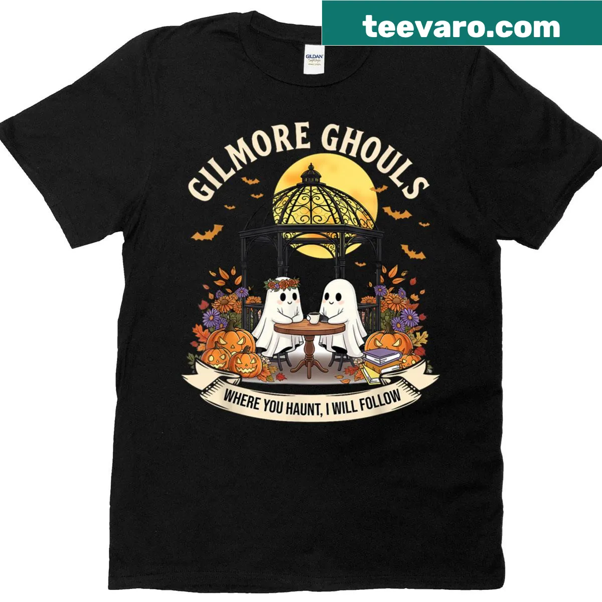 Illustration of a ghost with text 'Where You Haunt I Will Follow' on a T-shirt — on a men's t-shirt