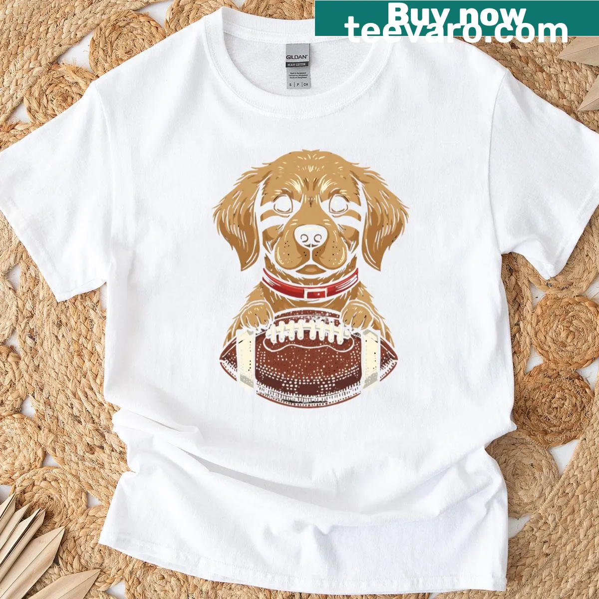 Illustration of a golden retriever themed for football game day — on a men's t-shirt