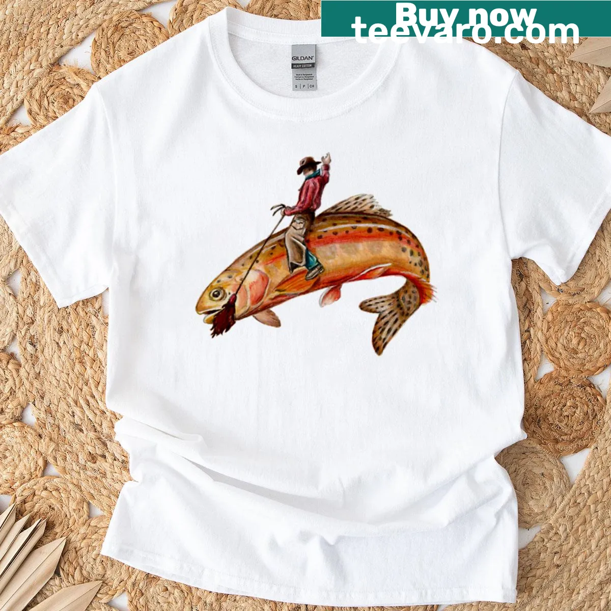 Illustration of a golden trout in cowboy attire. — on a men's t-shirt