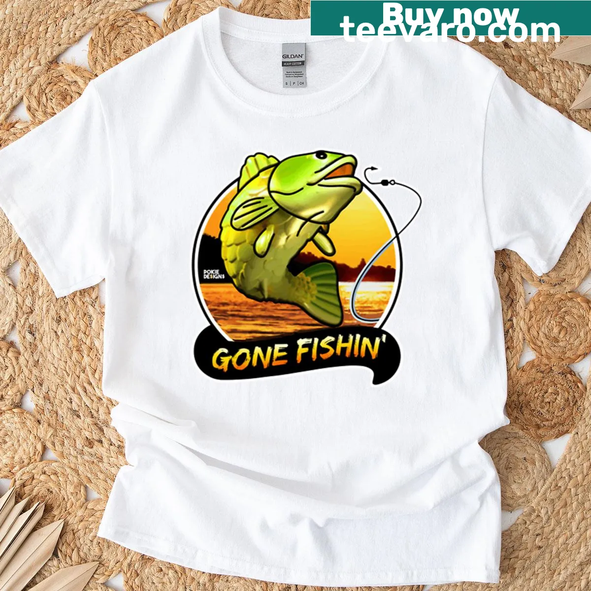 Fishing-themed T-shirt with 'Gone Fishinn Big Bass Bonanza' design — on a men's t-shirt