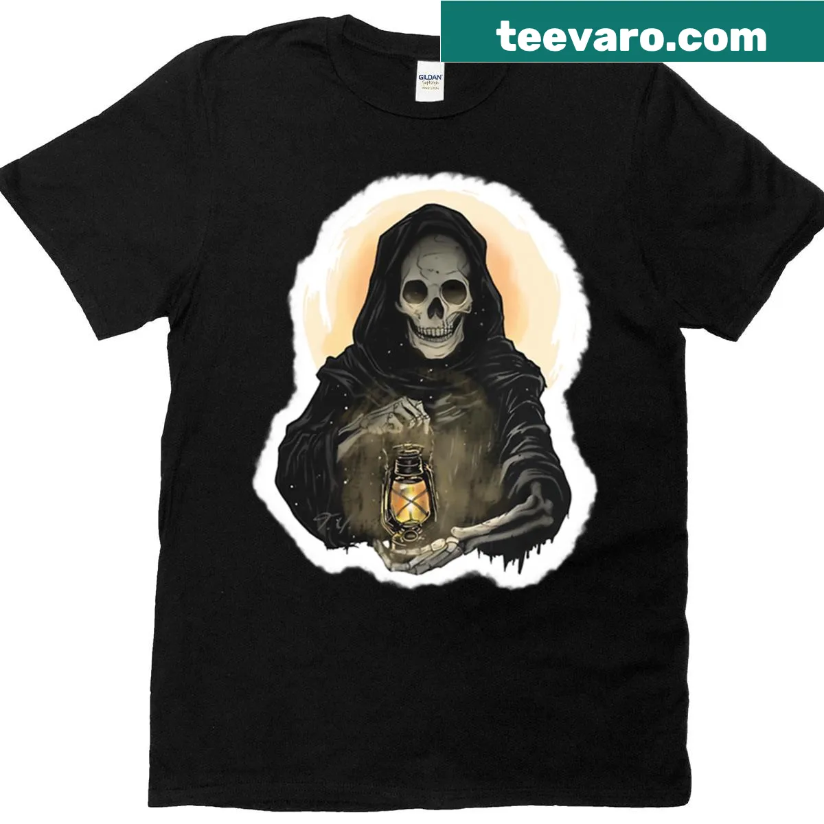 Graphic t-shirt featuring the Grim Reaper with a lantern — on a men's t-shirt