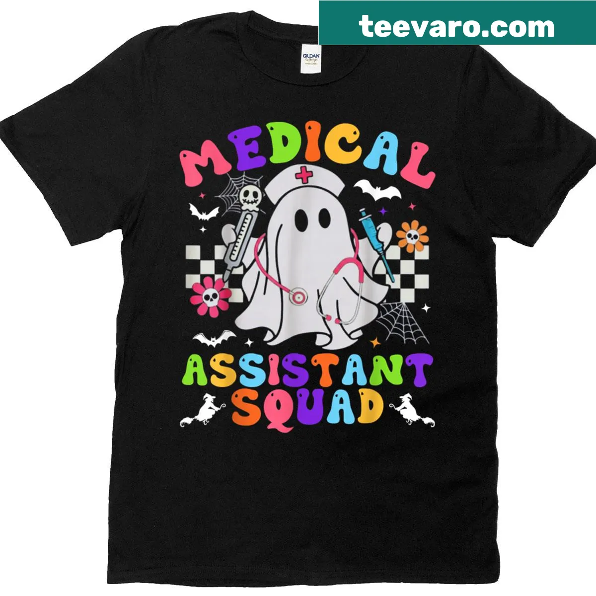 Cute Halloween t-shirt for medical assistants with spooky design — on a men's t-shirt