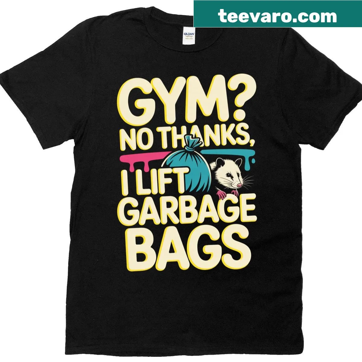 Funny t-shirt with opossum graphic and humorous quote about lifting — on a men's t-shirt