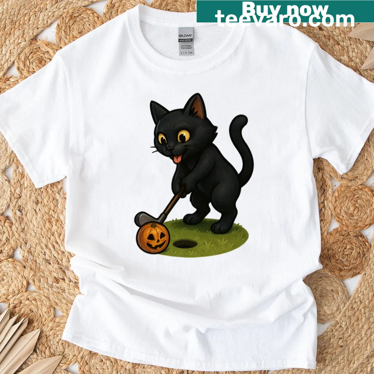 Cartoon black cat playing golf with a pumpkin on a T-shirt — on a men's t-shirt