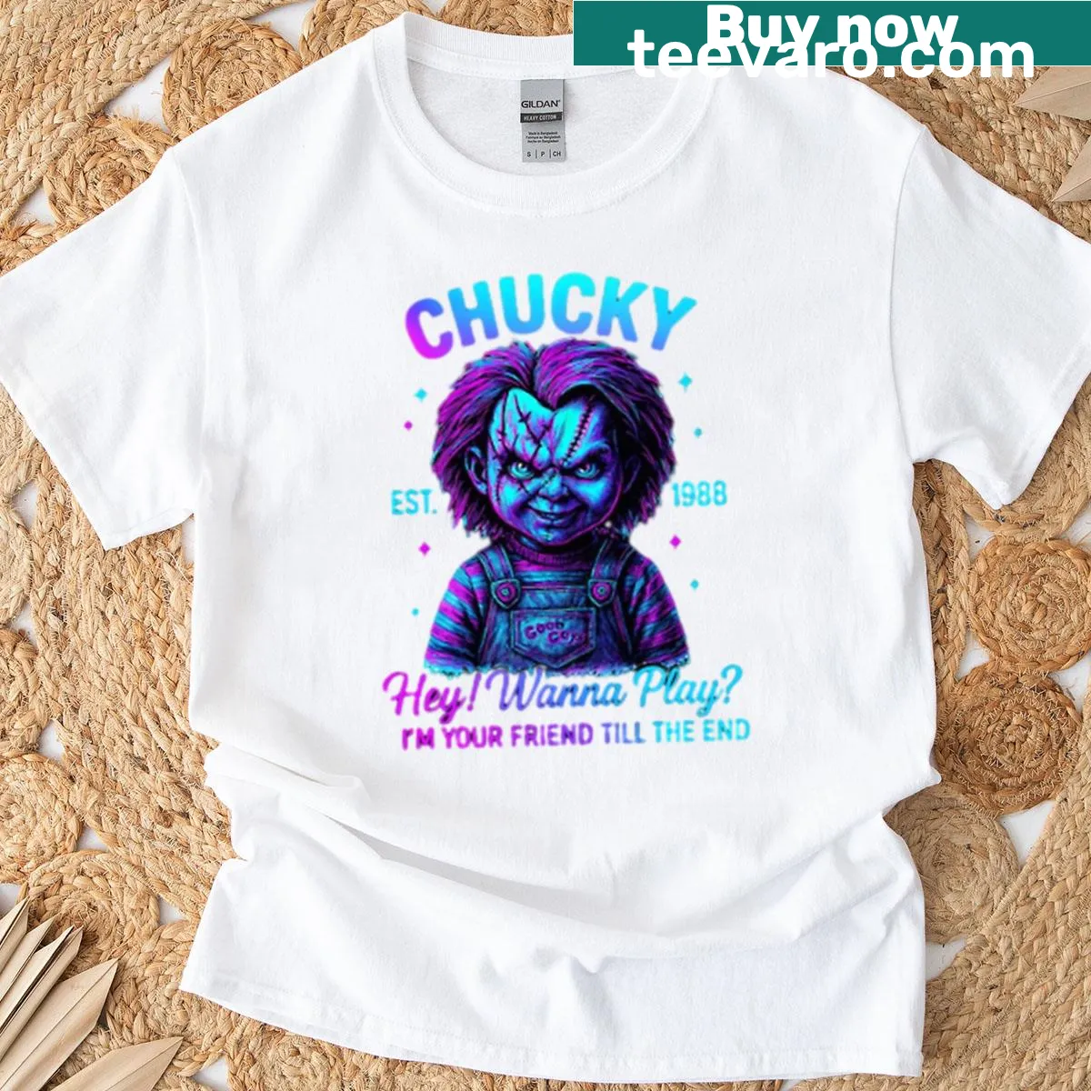 Retro Chucky graphic t-shirt, perfect for Halloween enthusiasts. — on a men's t-shirt