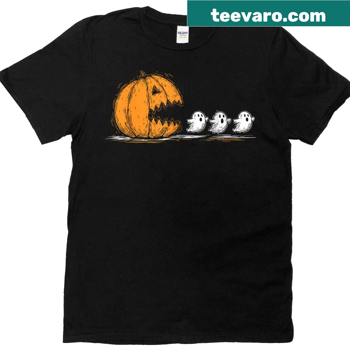 Halloween-themed T-shirt with gamer pumpkin and ghost design — on a men's t-shirt