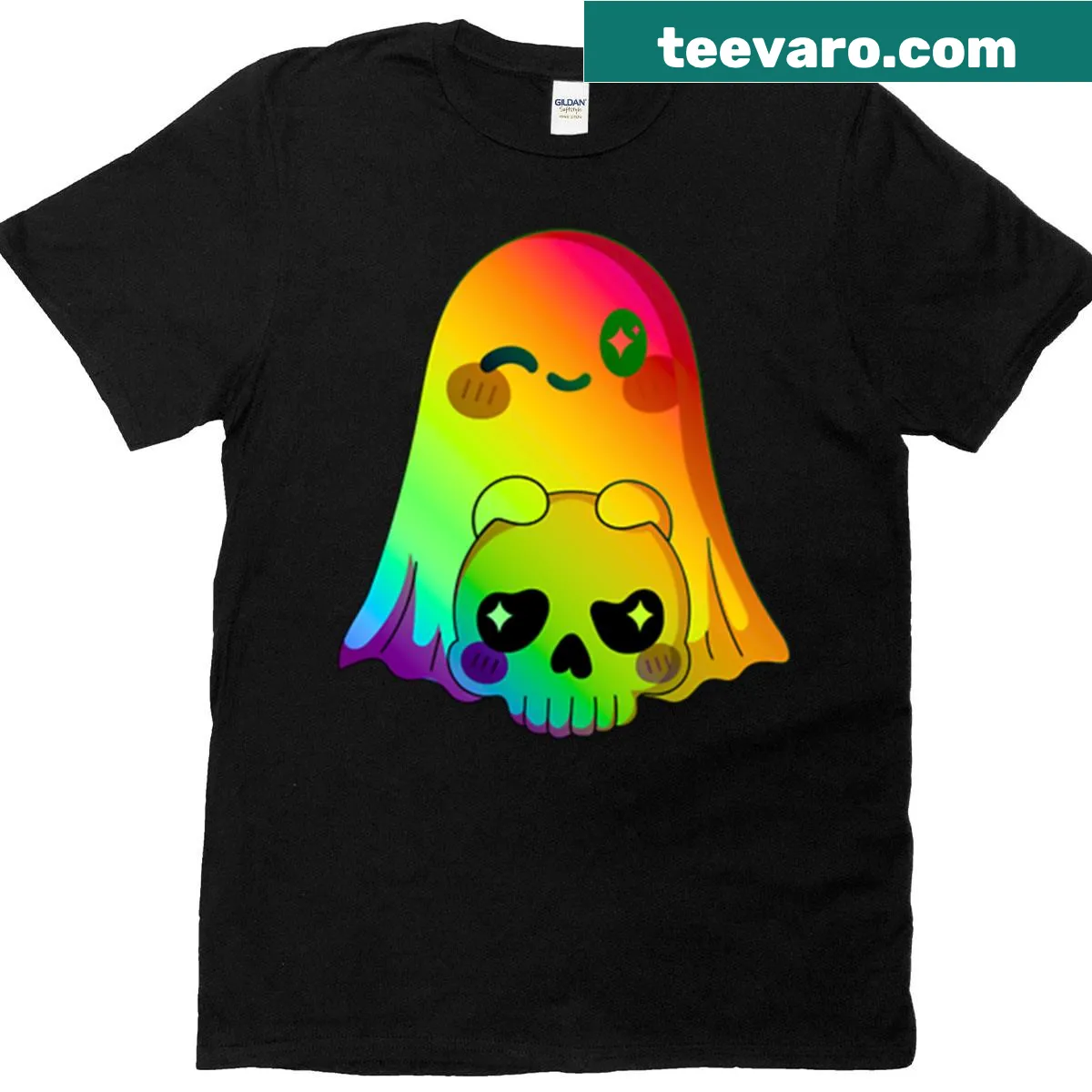 Halloween t-shirt featuring a ghost and skull illustration — on a men's t-shirt