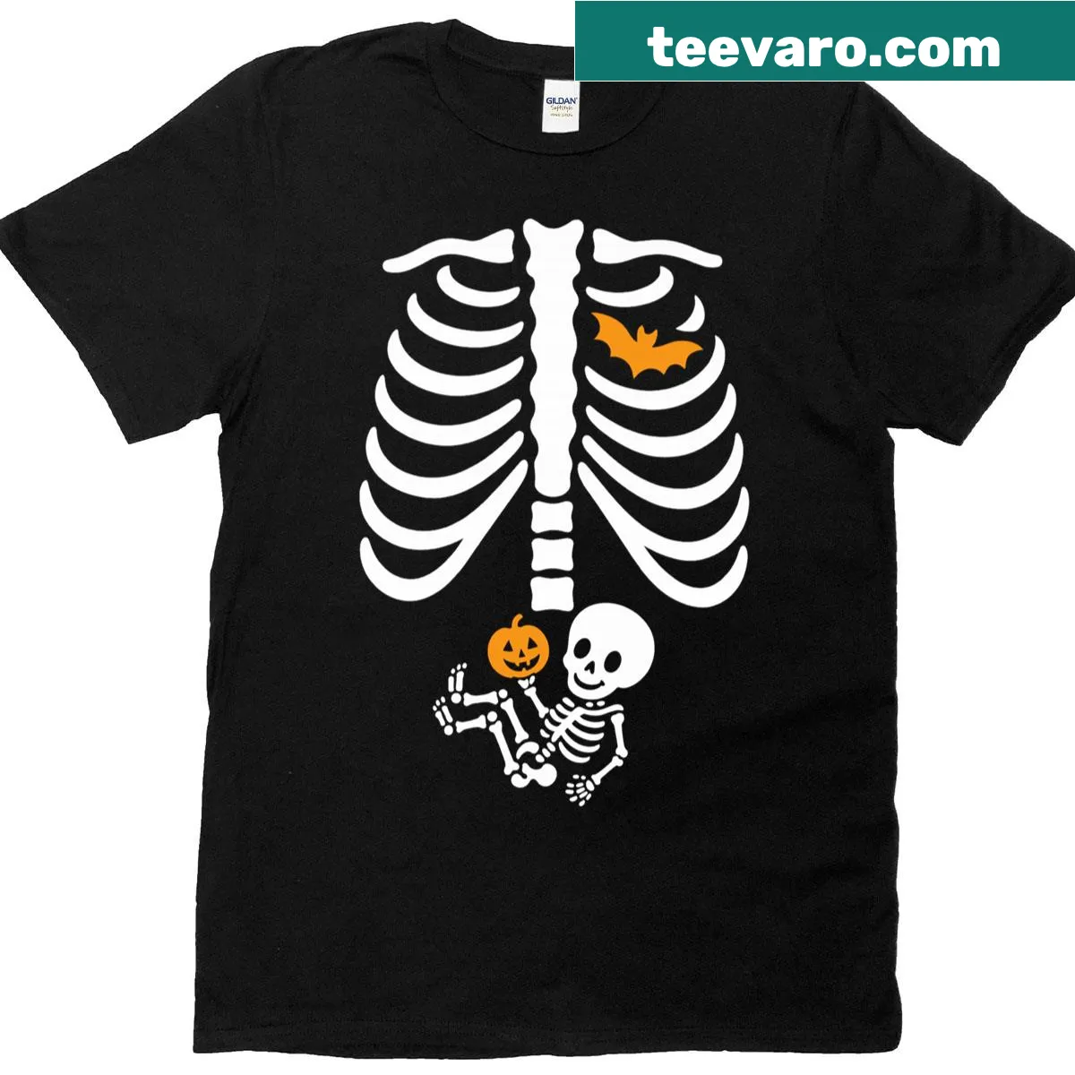Maternity T-shirt with a skeleton baby rib cage and pumpkin design — on a men's t-shirt