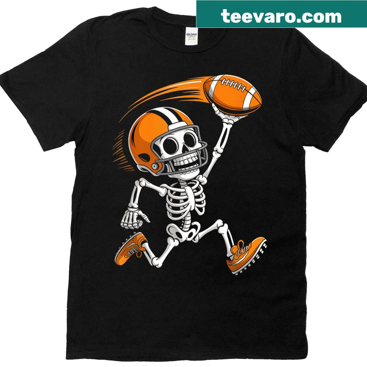 Halloween-themed shirt featuring a funny skeleton playing football for teens. — on a men's t-shirt