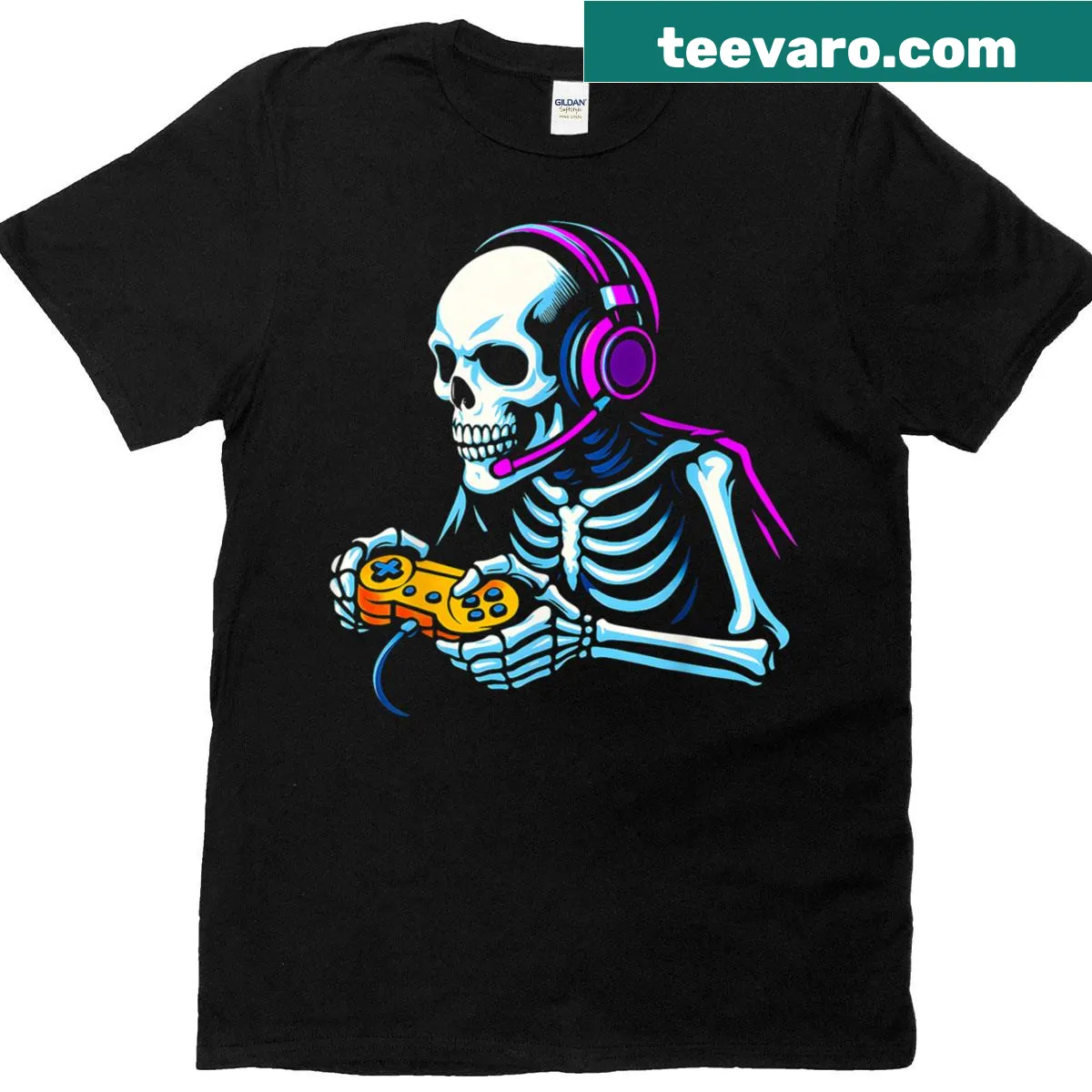 Halloween skeleton gamer graphic on t-shirt — on a men's t-shirt