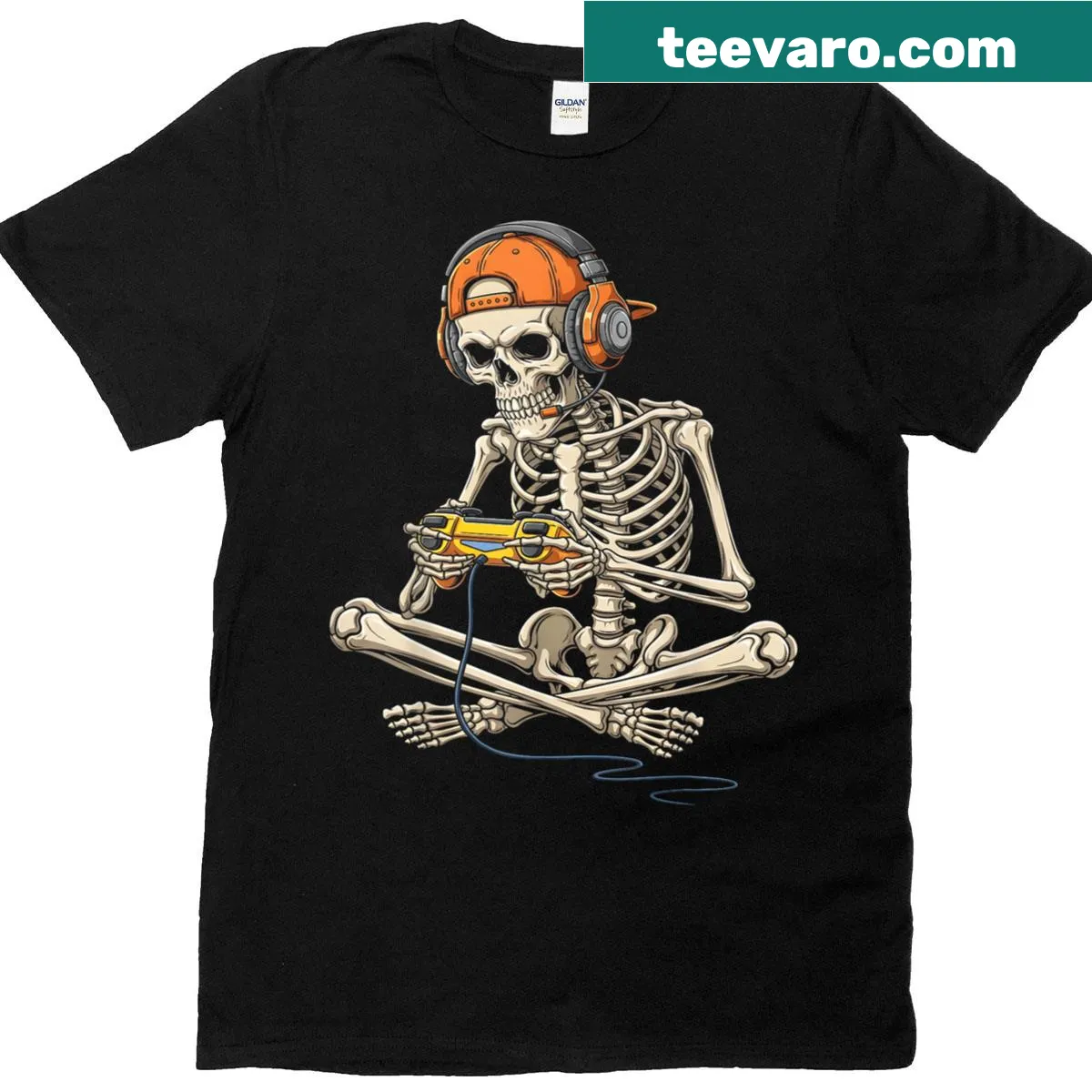 Funny Halloween skeleton gamer graphic on t-shirt — on a men's t-shirt