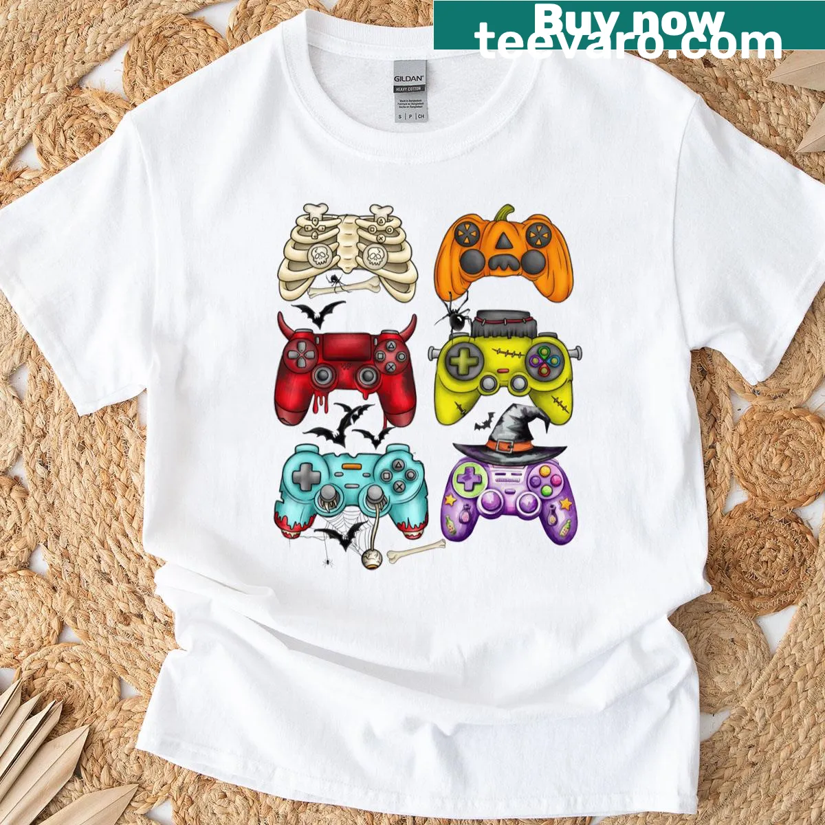 Cartoon skeletons and zombies with gaming controllers on kids t-shirt — on a men's t-shirt