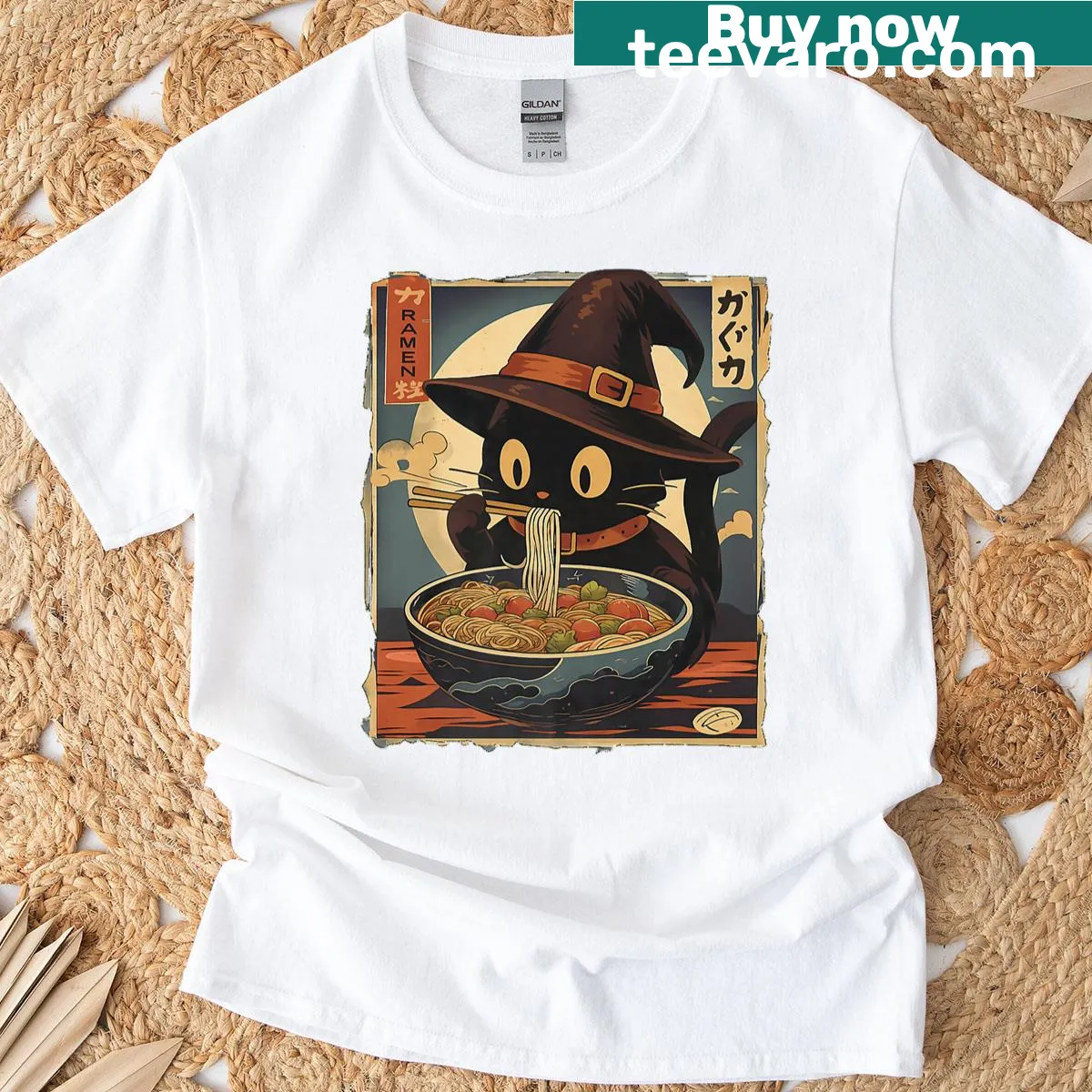 Cute black cat witch illustration eating ramen on a Halloween T-shirt — on a men's t-shirt