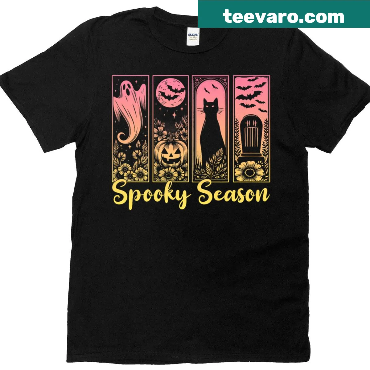 Vintage Halloween shirt with spooky cat and ghost design — on a men's t-shirt