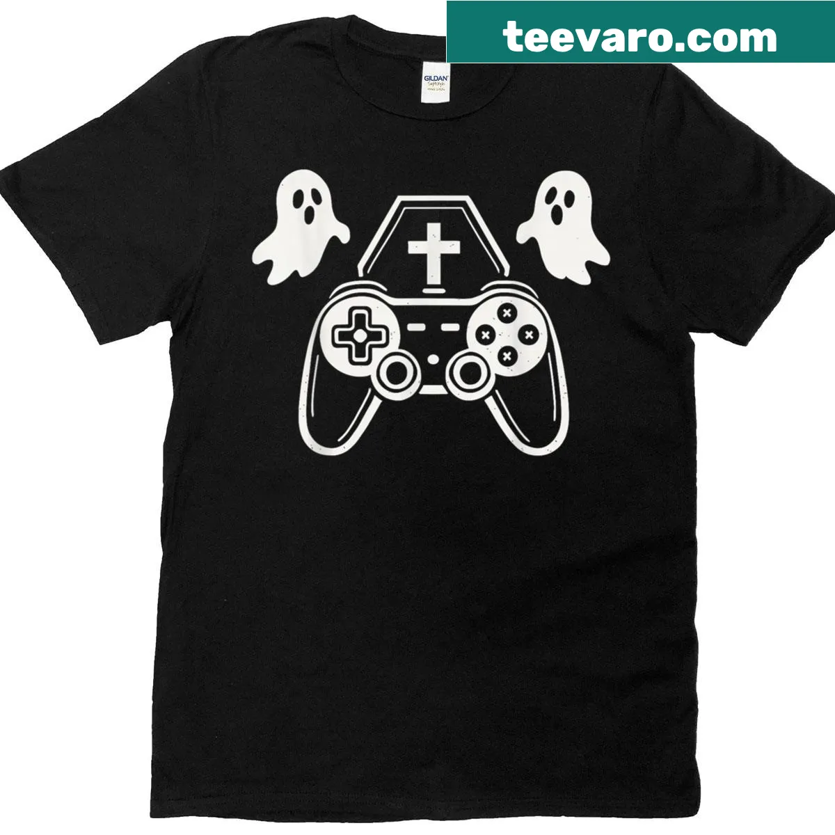 Cartoon skeleton gamer T-shirt for Halloween — on a men's t-shirt