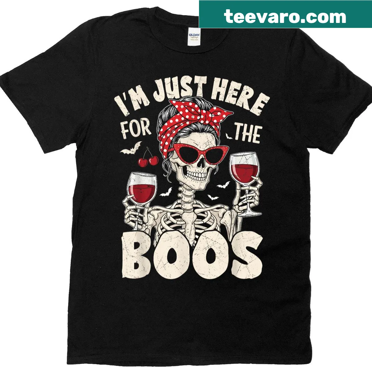 Skeleton graphic with text 'I'm just here for the boos' on t-shirt — on a men's t-shirt