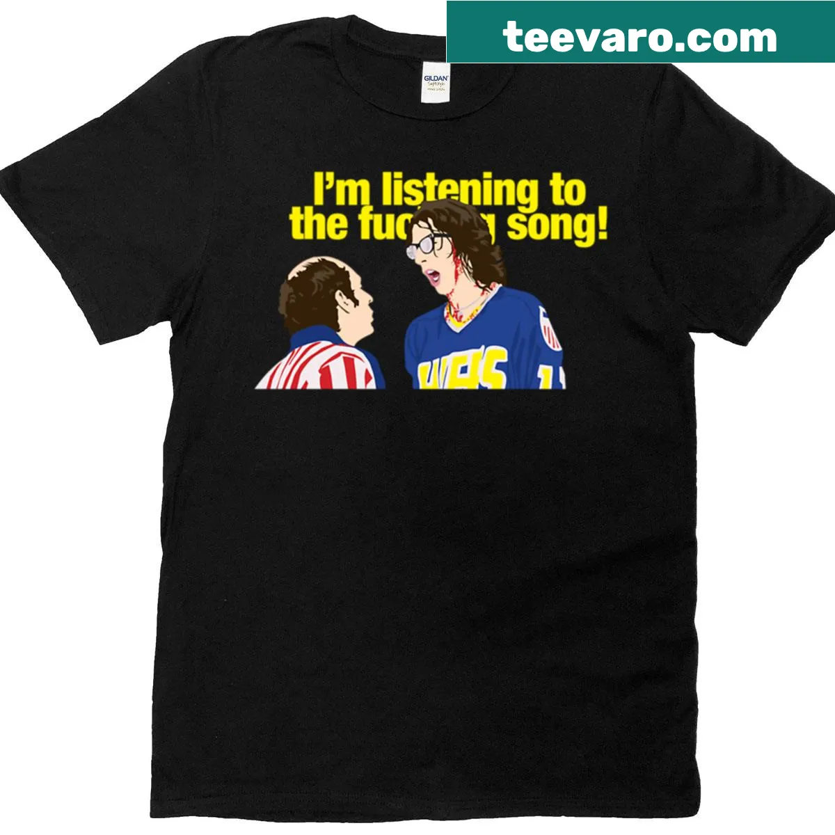 T-shirt featuring graphics of the Hanson Brothers and their music — on a men's t-shirt
