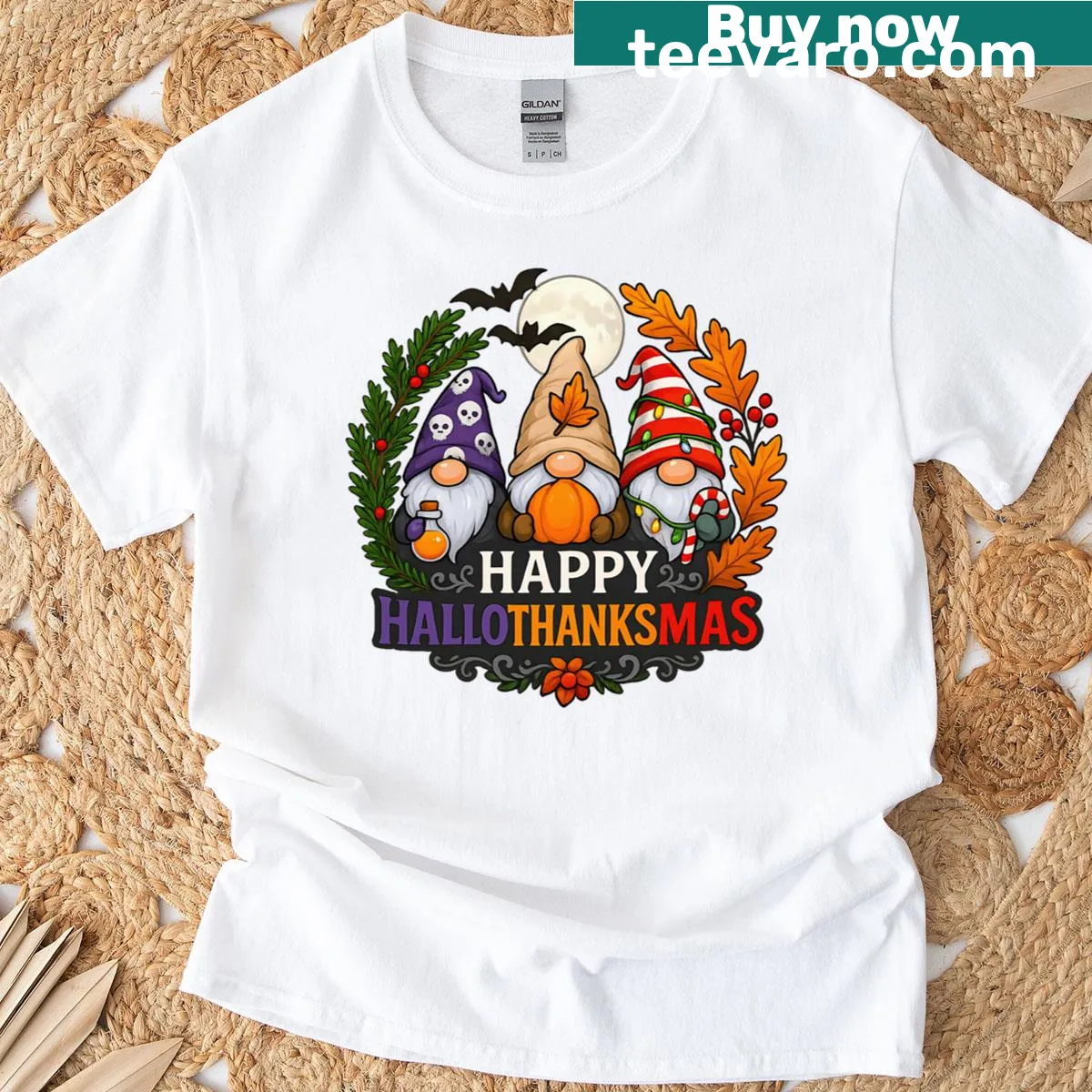 Whimsical gnomes celebrating Halloween, Thanksgiving, and Christmas on a T-shirt — on a men's t-shirt