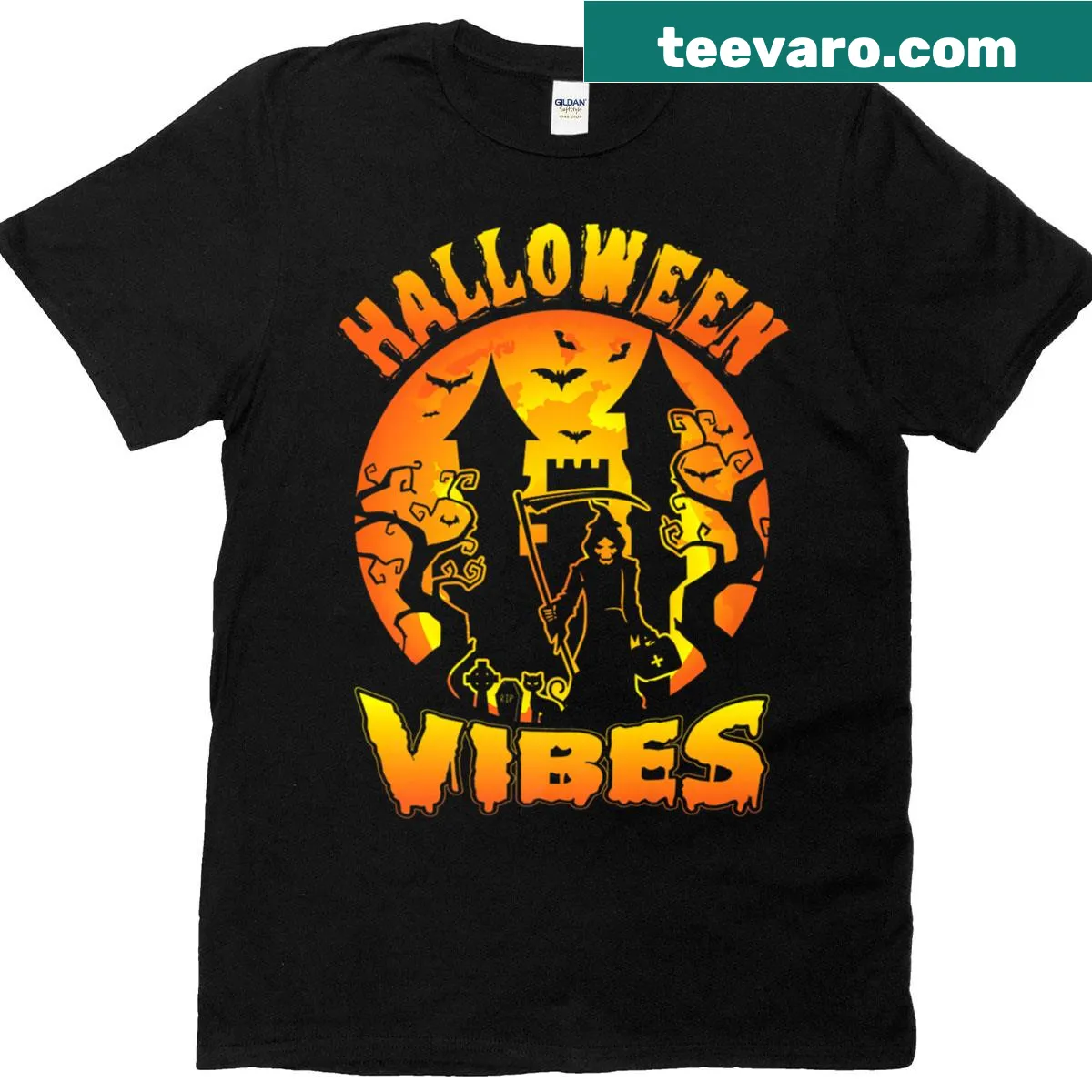 Cheerful Halloween-themed t-shirt with festive decorations — on a men's t-shirt