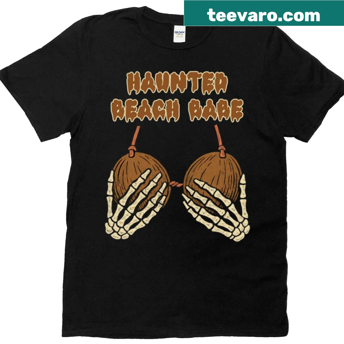 Illustrated haunted beach scene on a casual T-shirt — on a men's t-shirt