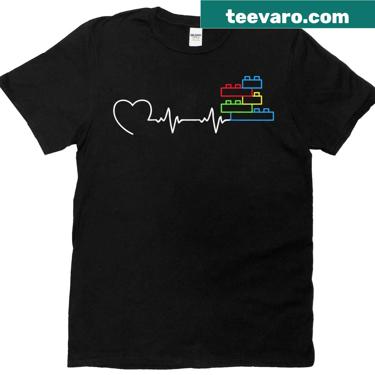 Graphic t-shirt with bricks and blocks design for builders — on a men's t-shirt