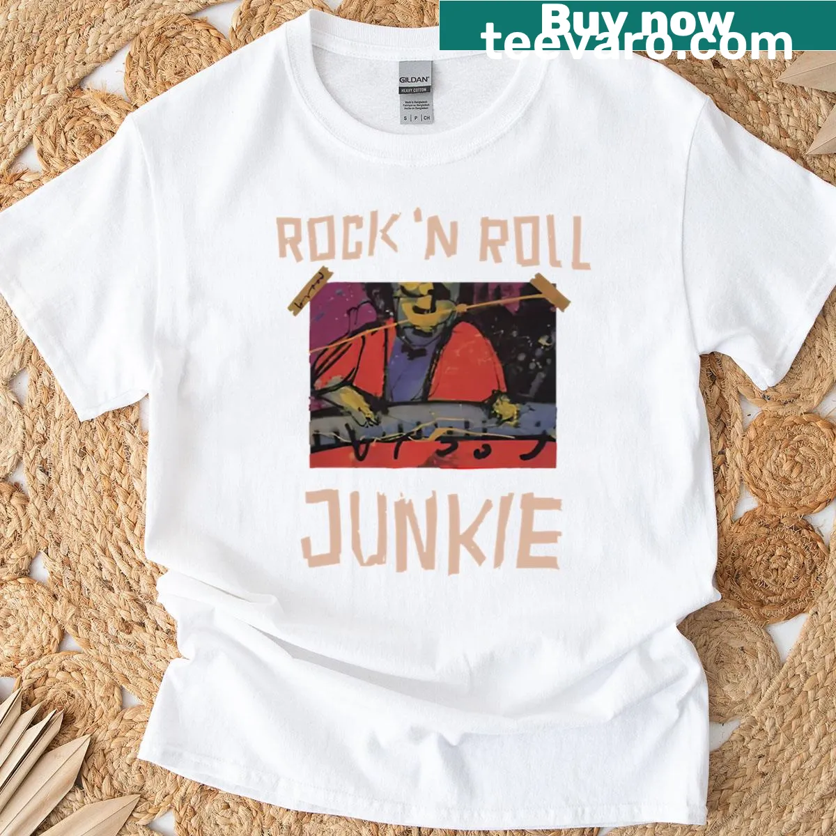 Vintage-style t-shirt with 'Herman Brood Rock Amp Roll Junkie' graphic — on a men's t-shirt
