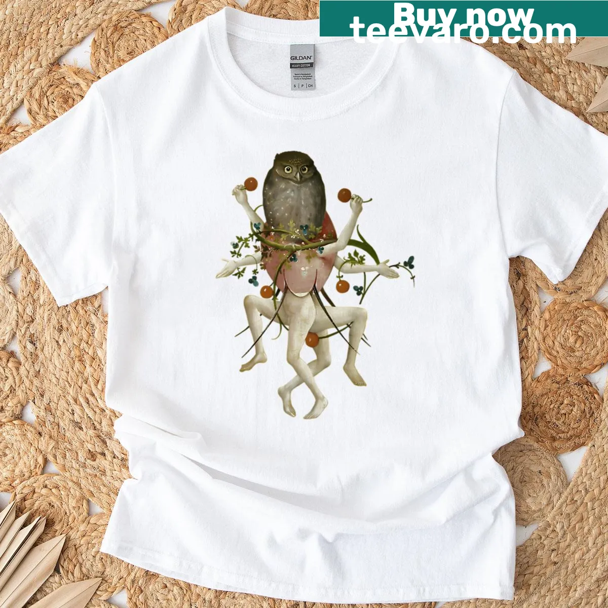 Illustration of a dancing owl inspired by Hieronymus Bosch — on a men's t-shirt