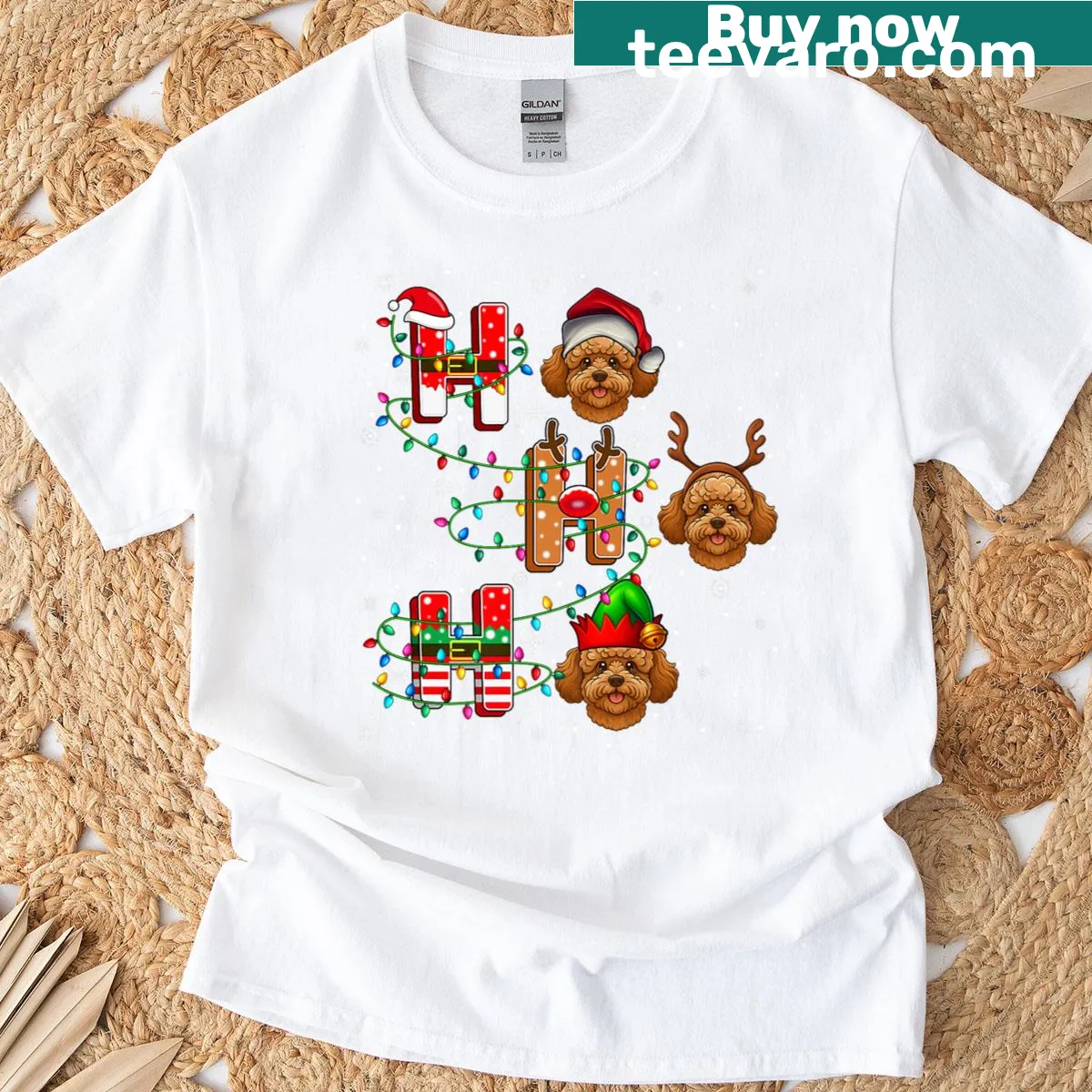 Holiday-themed shirt with Santa, reindeer, and elf hats for dog lovers. — on a men's t-shirt