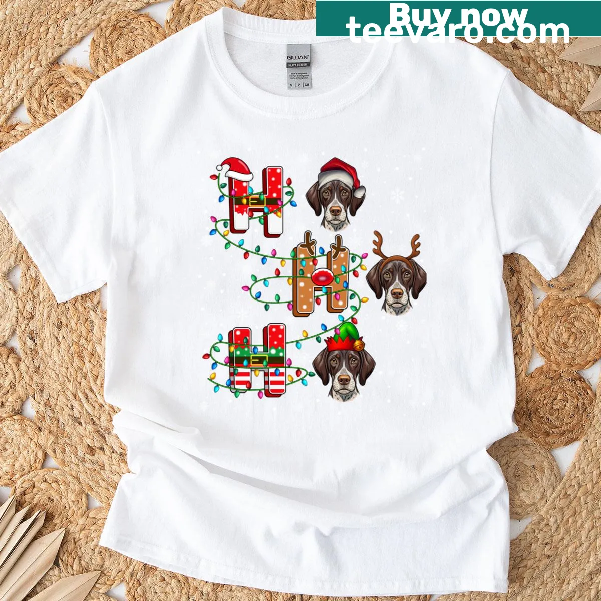 Santa hat and reindeer hat design featuring a German Shorthaired Pointer — on a men's t-shirt
