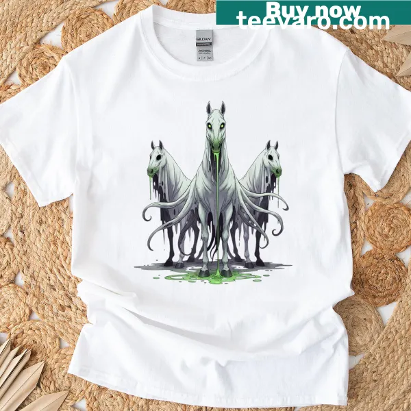Vintage horror-themed shirt with ghostly horse riders illustration