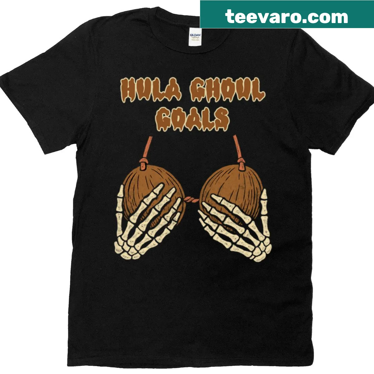 Hula Ghoul t-shirt with spooky dancer graphics for Halloween — on a men's t-shirt