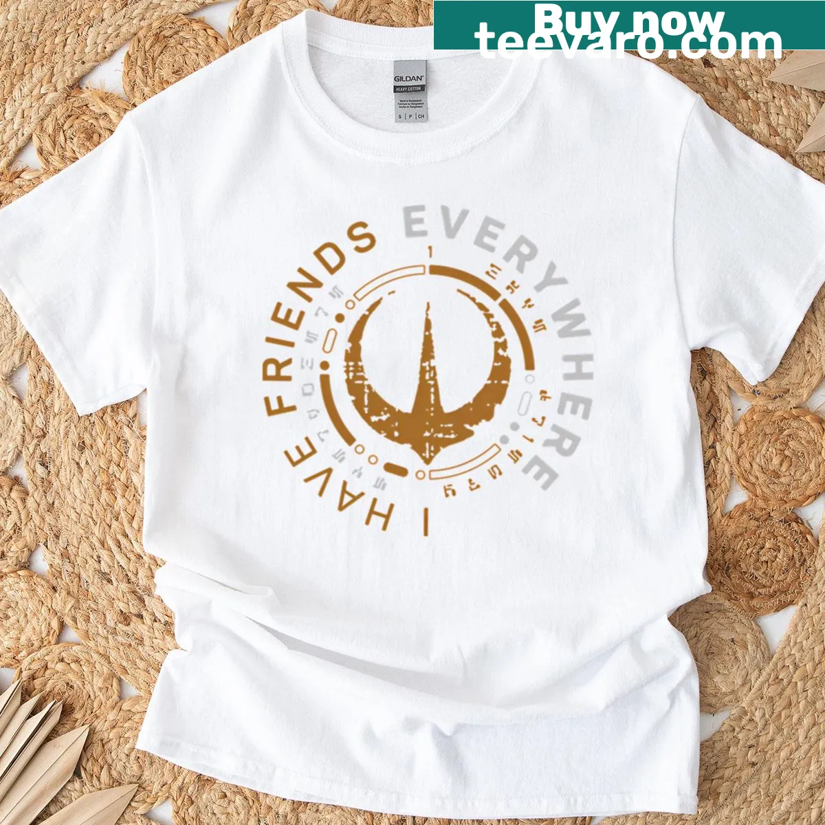 Shirt featuring the text 'I Have Friends Everywhere' in a playful design — on a men's t-shirt