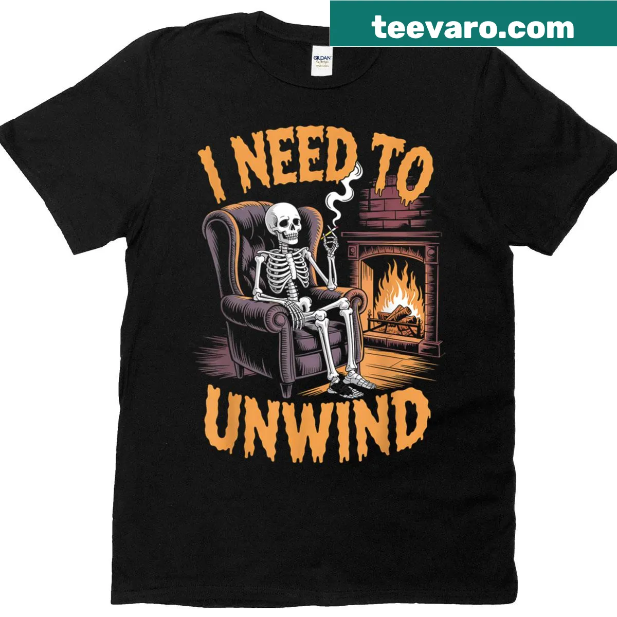 Funny skeleton t-shirt for Halloween with unwind message — on a men's t-shirt