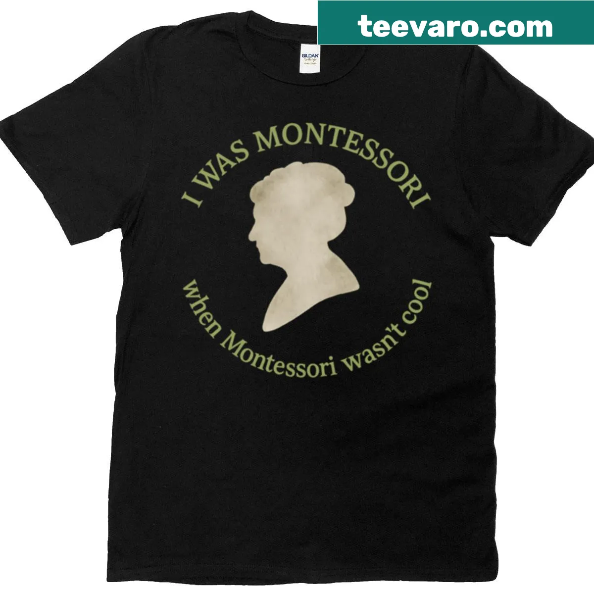 Silhouette of Maria Montessori with text about Montessori education — on a men's t-shirt