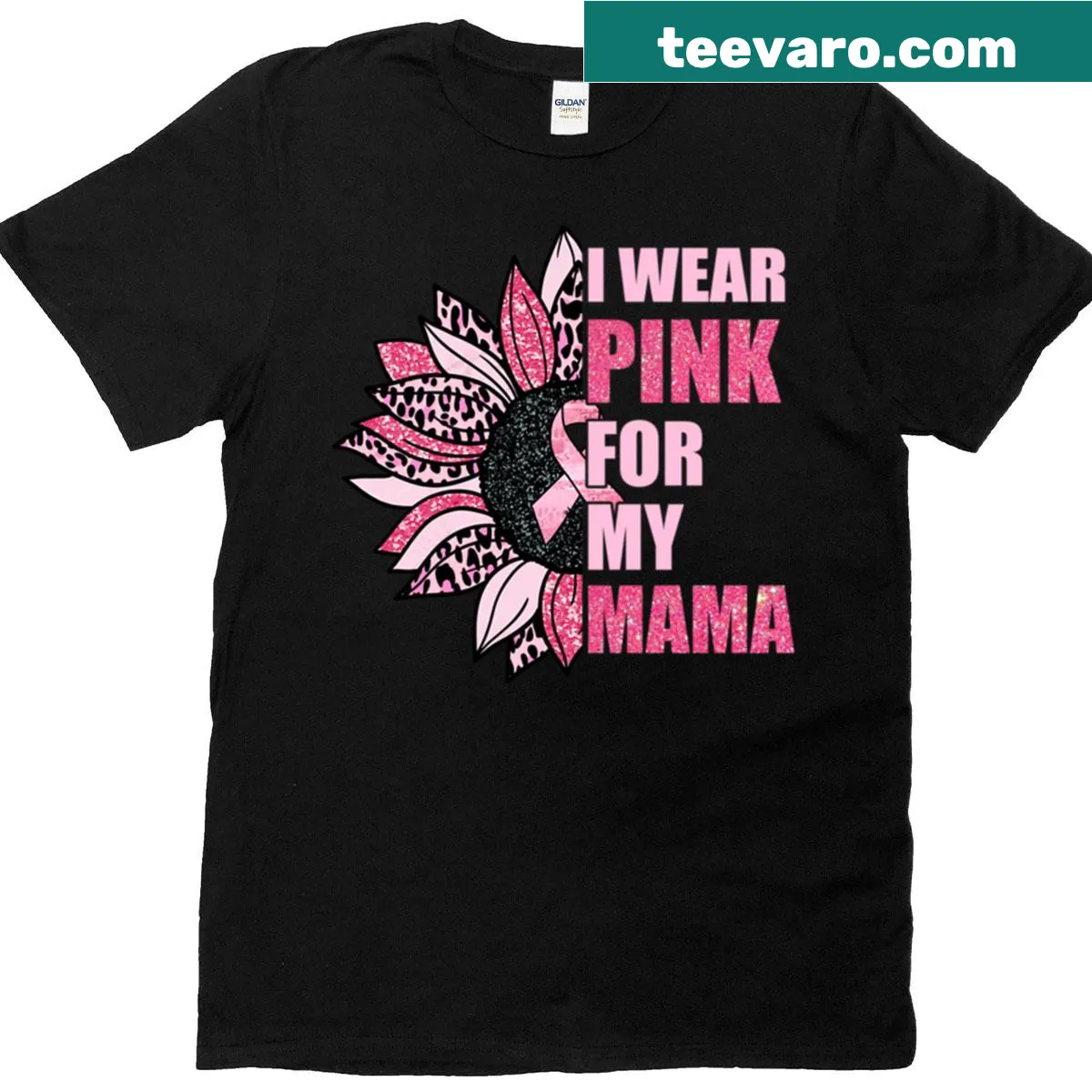 Breast cancer awareness shirt with sunflower graphic and text about wearing pink for mom. — on a men's t-shirt