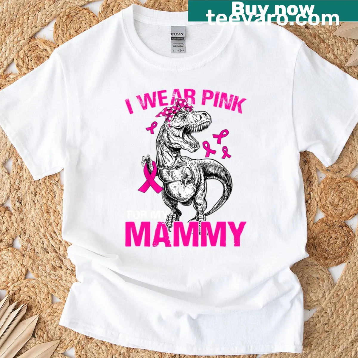 Illustrated pink dinosaur with a message supporting breast cancer awareness — on a men's t-shirt