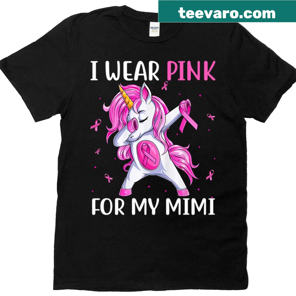 Breast cancer awareness shirt with unicorn graphic and text about wearing pink for Mimi. — on a men's t-shirt