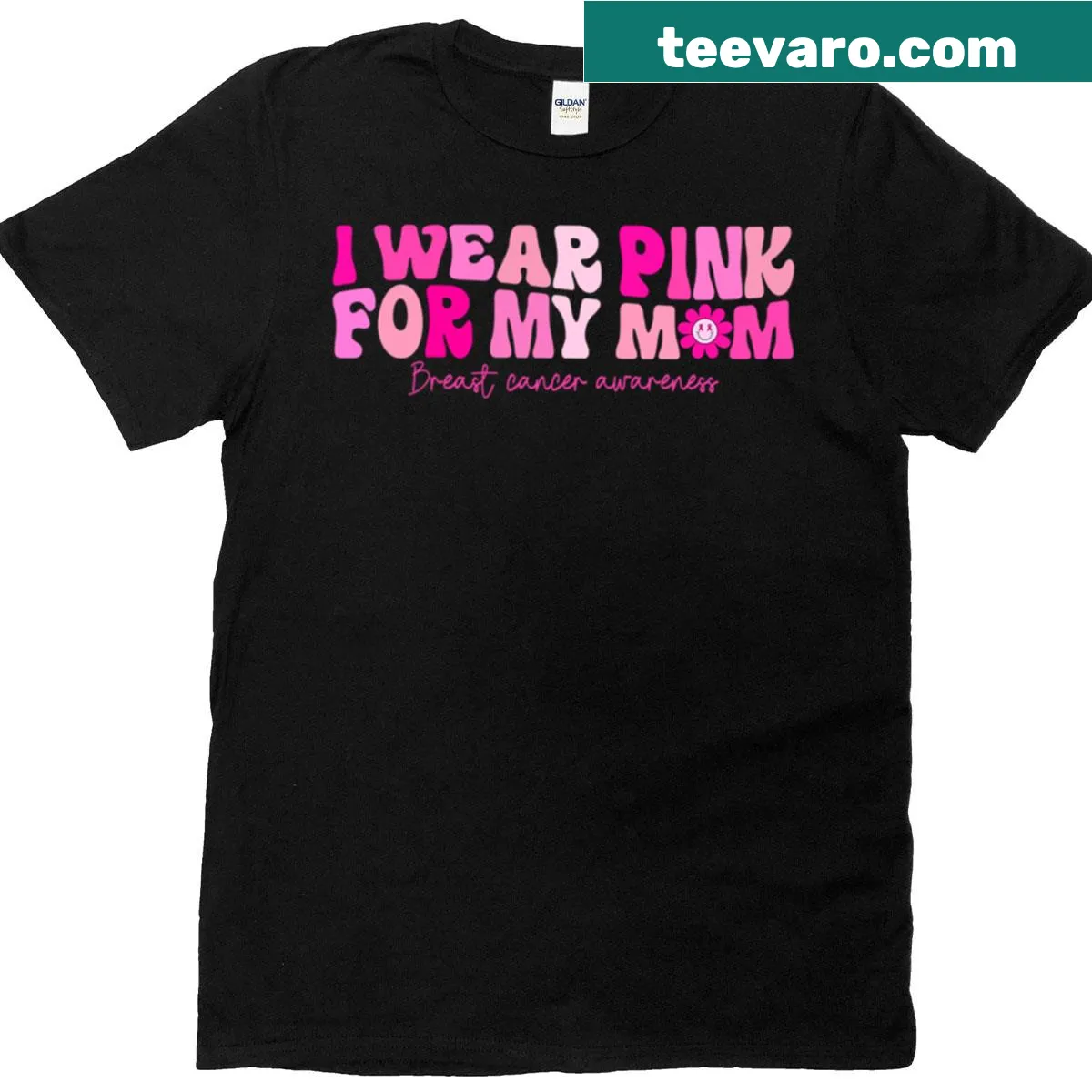 Breast cancer awareness t-shirt with text 'I Wear Pink For My Mom' — on a men's t-shirt