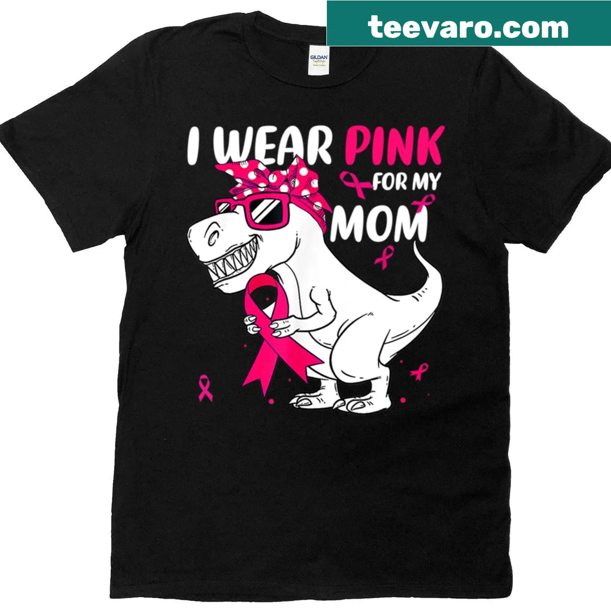 Breast cancer awareness shirt with a pink dinosaur illustration and heartfelt message — on a men's t-shirt