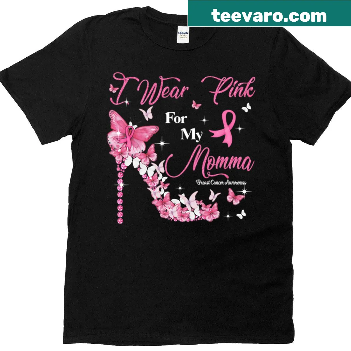 T-shirt with 'I Wear Pink For My Momma' text and a supportive design — on a men's t-shirt