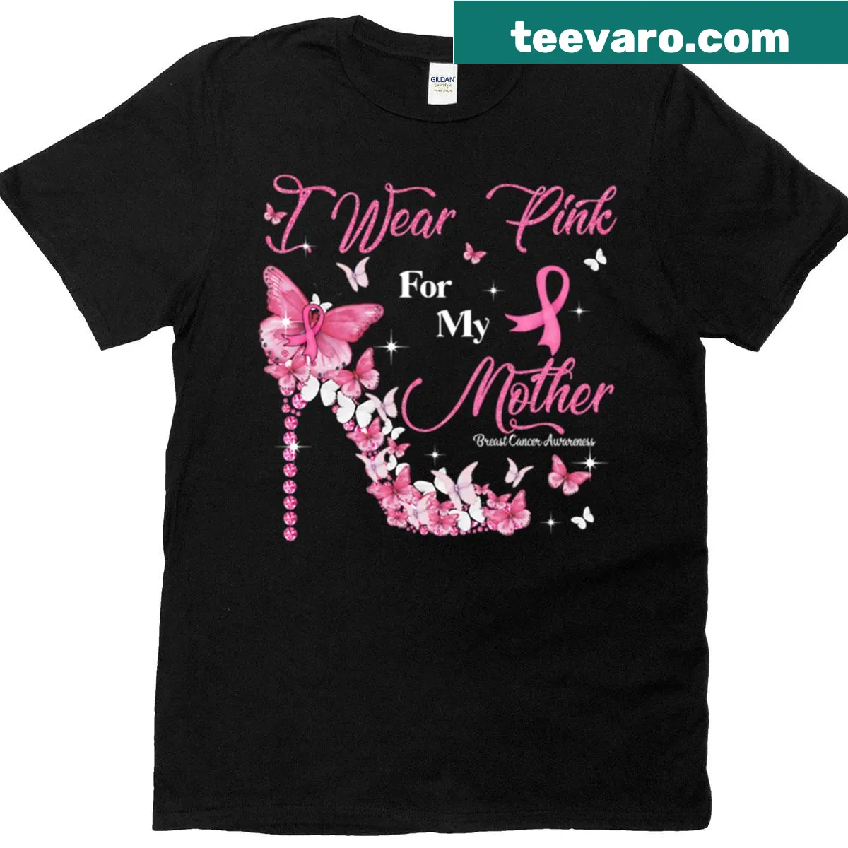 Pink ribbon graphic t-shirt dedicated to breast cancer awareness for mothers — on a men's t-shirt