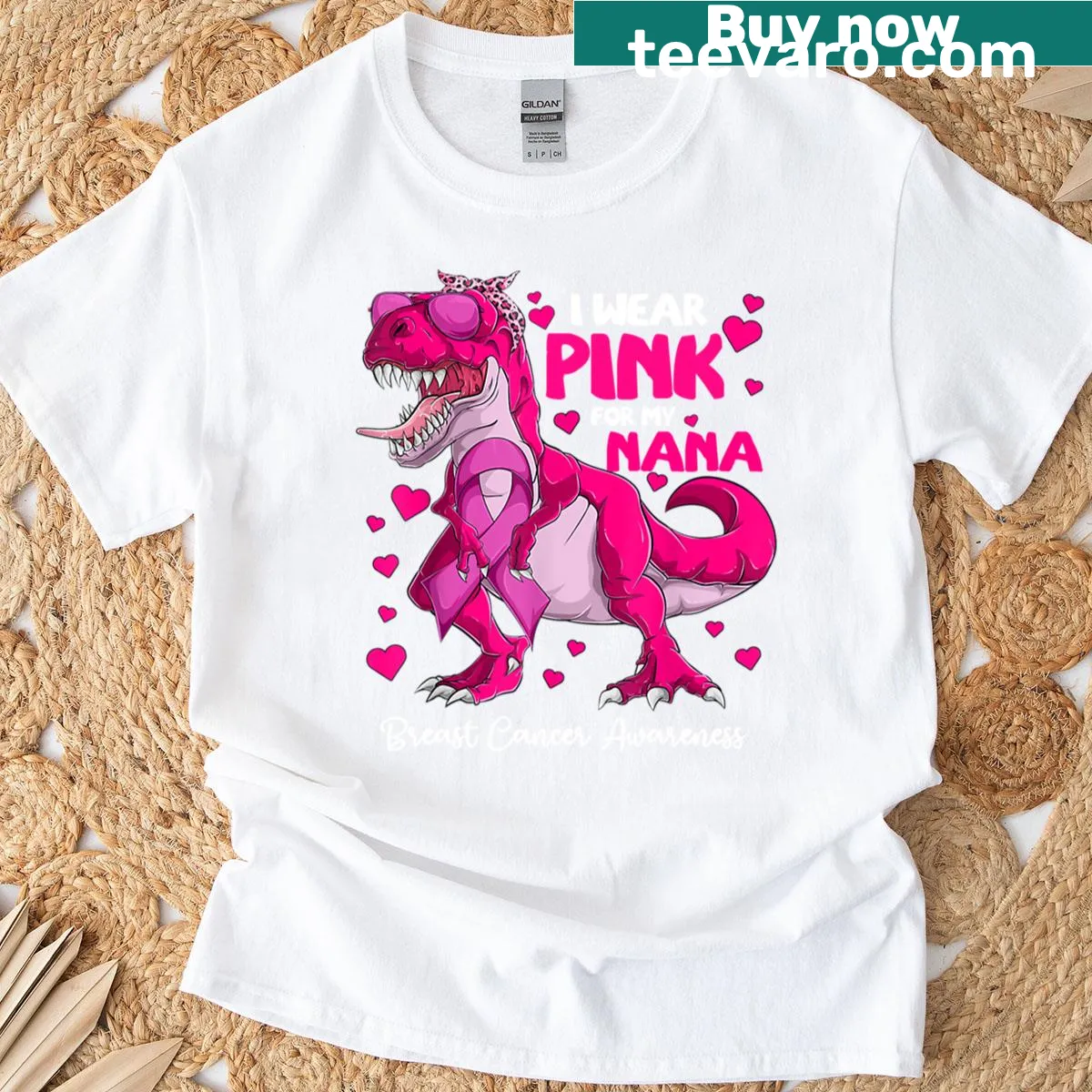 I Wear Pink For My Nana t-shirt with dinosaur graphic and text — on a men's t-shirt