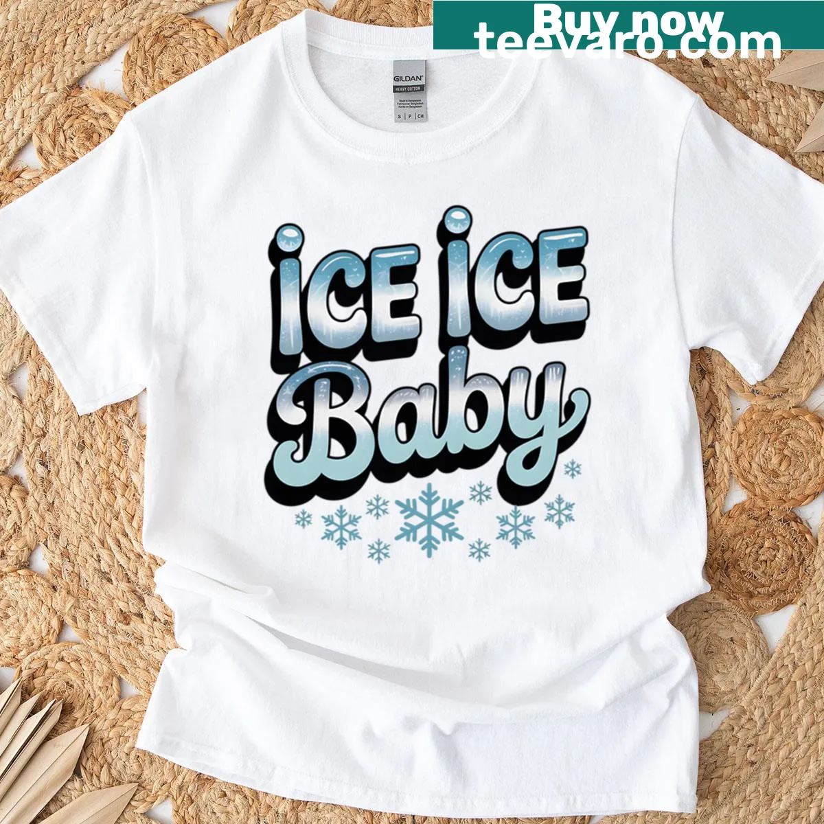 Retro winter-themed Ice Ice Baby graphic on a t-shirt — on a men's t-shirt