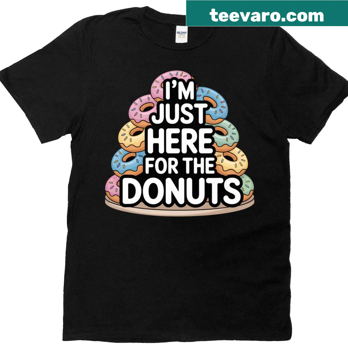 Funny t-shirt with the phrase 'I'm Just Here For The Donuts' — on a men's t-shirt