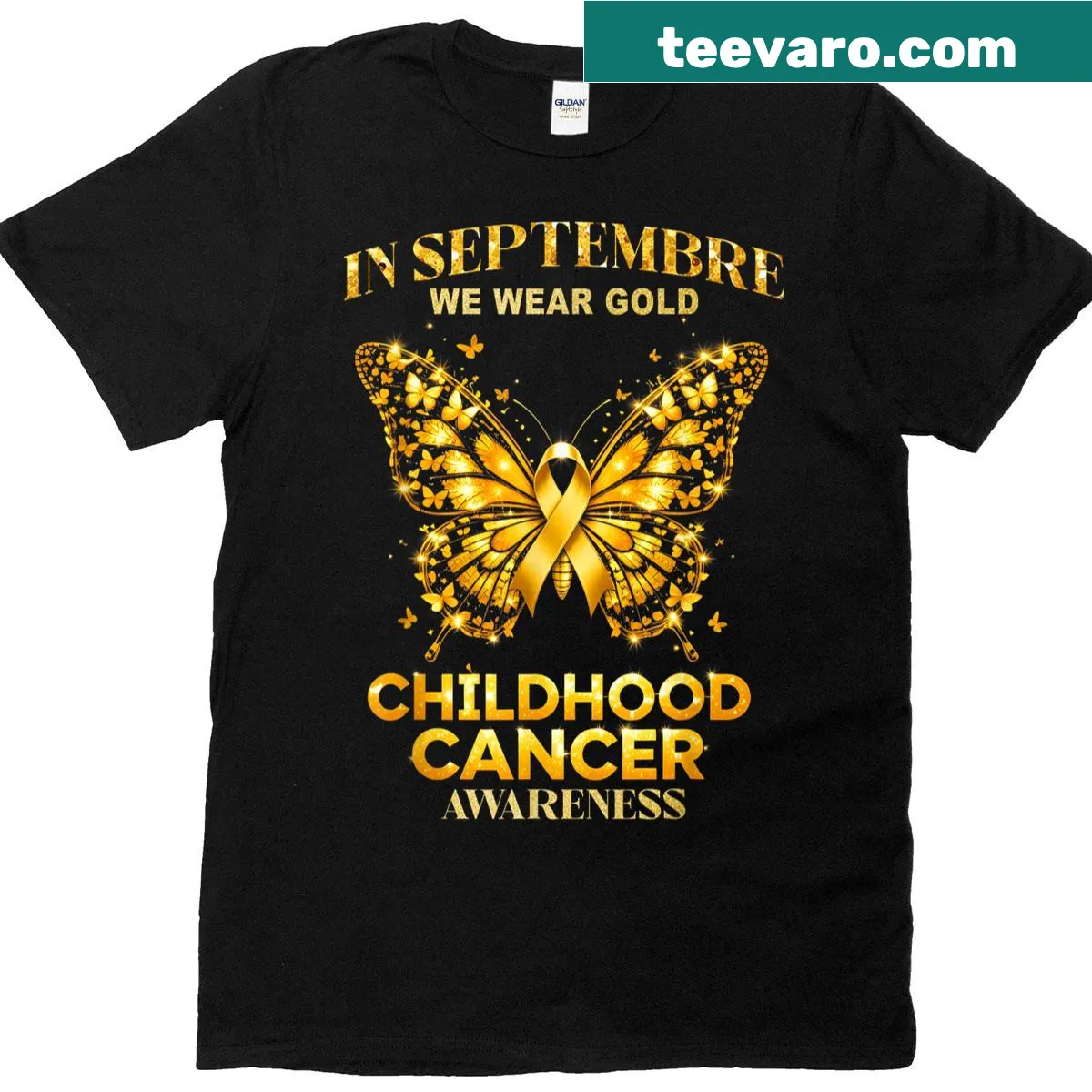 Gold ribbon design for Childhood Cancer Awareness Month T-shirt — on a men's t-shirt