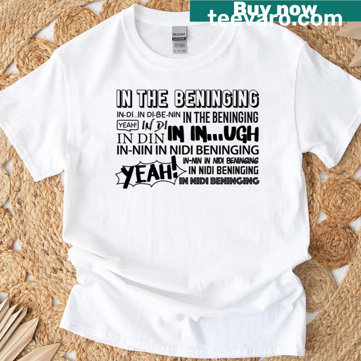 Funny t-shirt with the phrase 'In The Beninging' in bold lettering — on a men's t-shirt