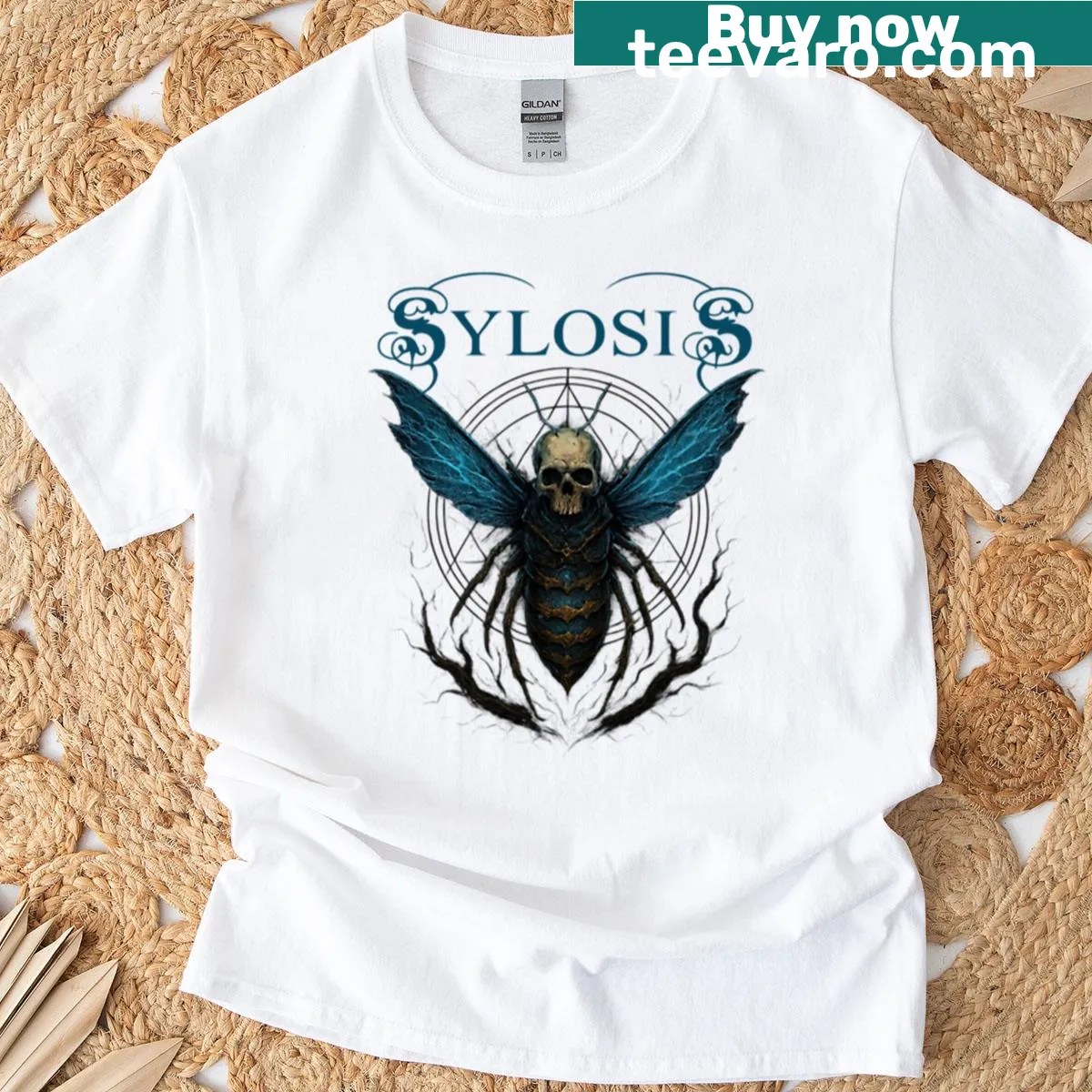 Dark metal art T-shirt featuring an insect illustration — on a men's t-shirt